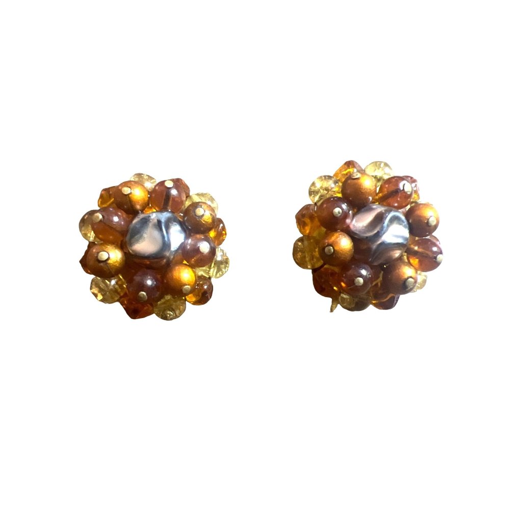 Vintage Earrings Clip-On Silver Tone Center Bead Clear Copper Gold Amber Dome